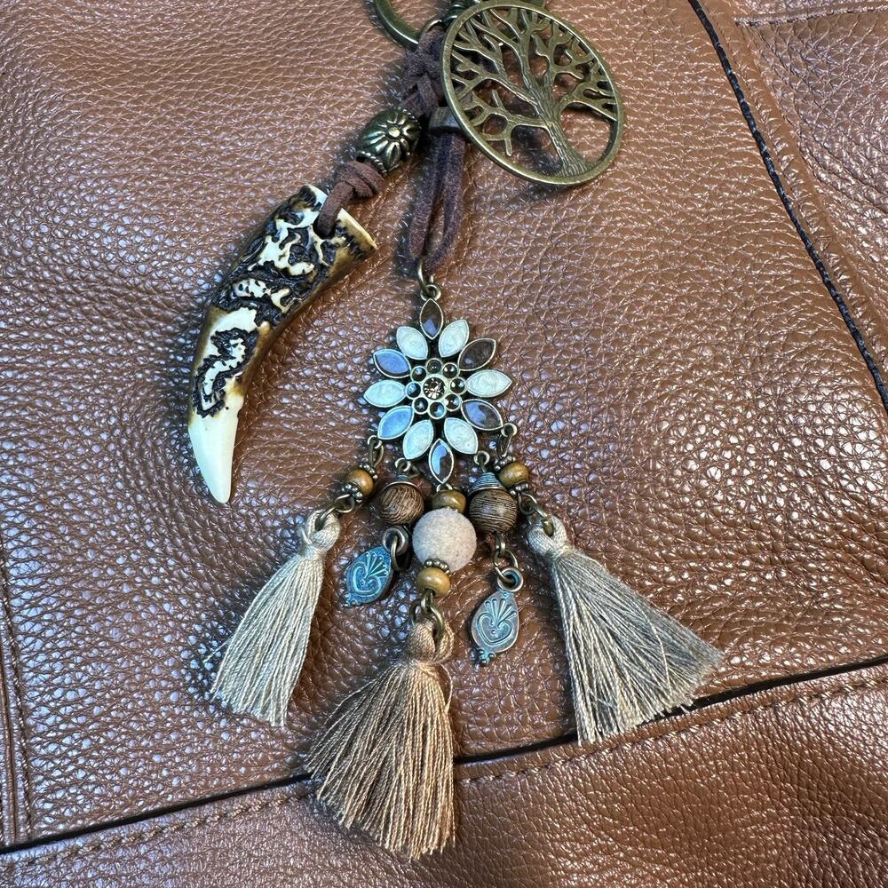 New Bag Charm Key chain Boho New Faux ivory, tassels , enamel, Tree of life